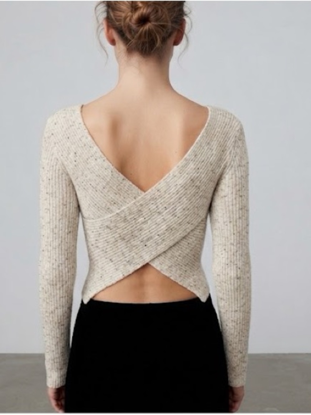Paper crane oat long sleeve cropped sweater with criss cross back